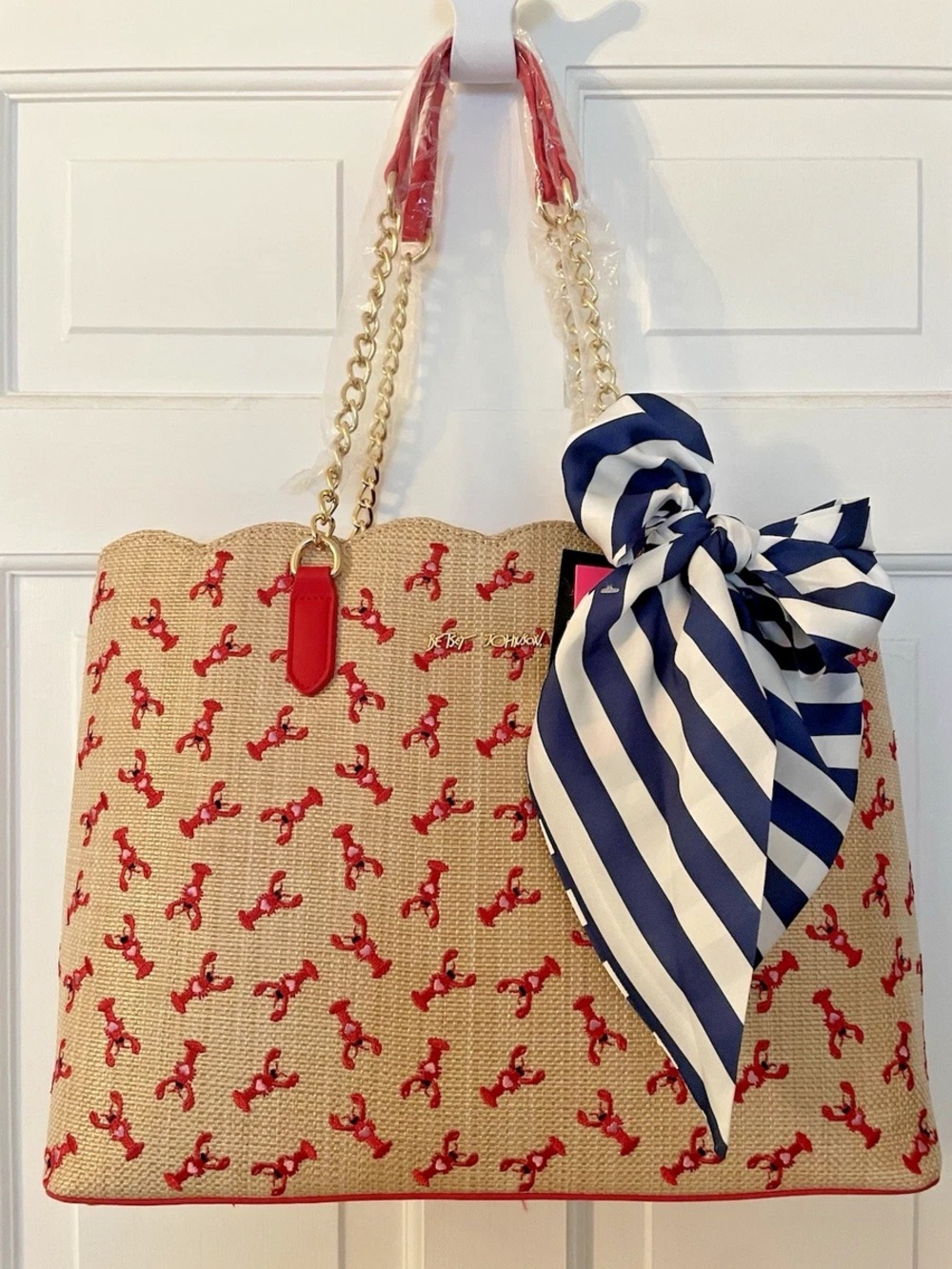 Betsey Johnson Red Lobster 🦞 Straw Tote with Navy Stripe Scarf